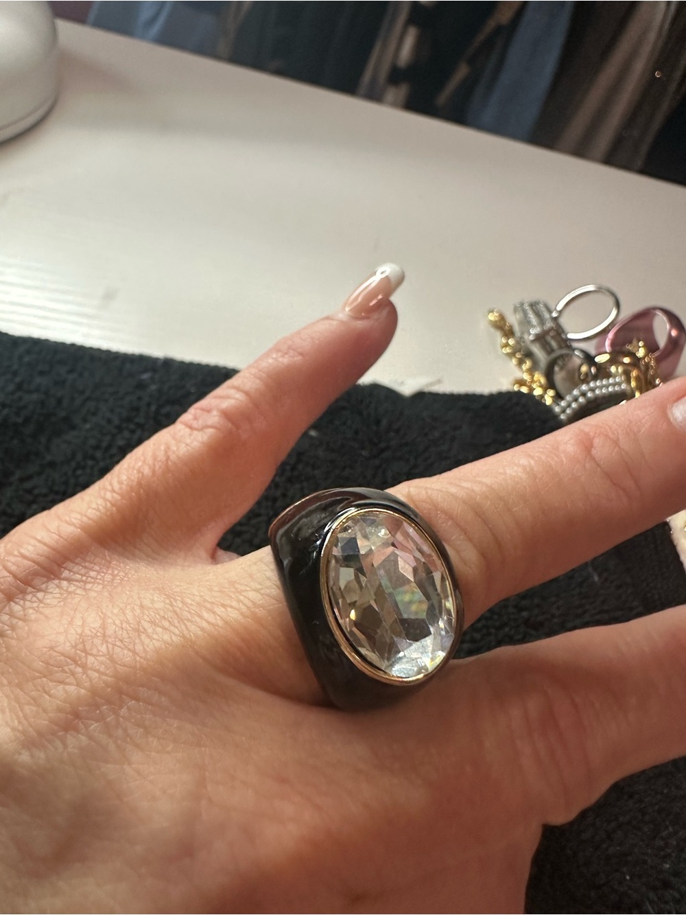 Clear Crystal Oval Statement Ring in Black Resin